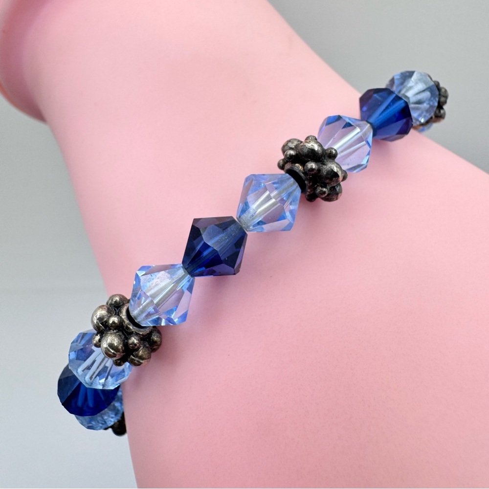 Blue Crystal Glass Stretch Bracelet Faceted Beaded Sparkly Jewelry